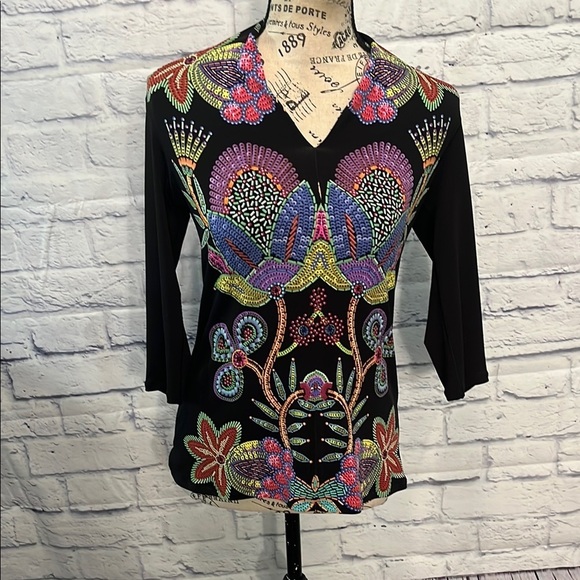 Eva Varro V-neck Top Bold Floral Print 3/4 Sleeves Size XS - Picture 1 of 6